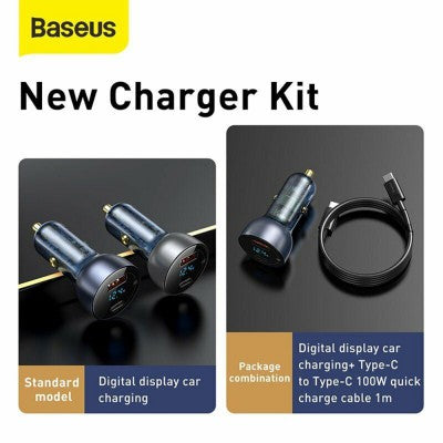 Baseus Particular Digital Display QC+PPS Dual Quick Charger Car Charger 65W (With Type-C to Type-C 100W Cable (20V/5A) 1m)-Dark Gray